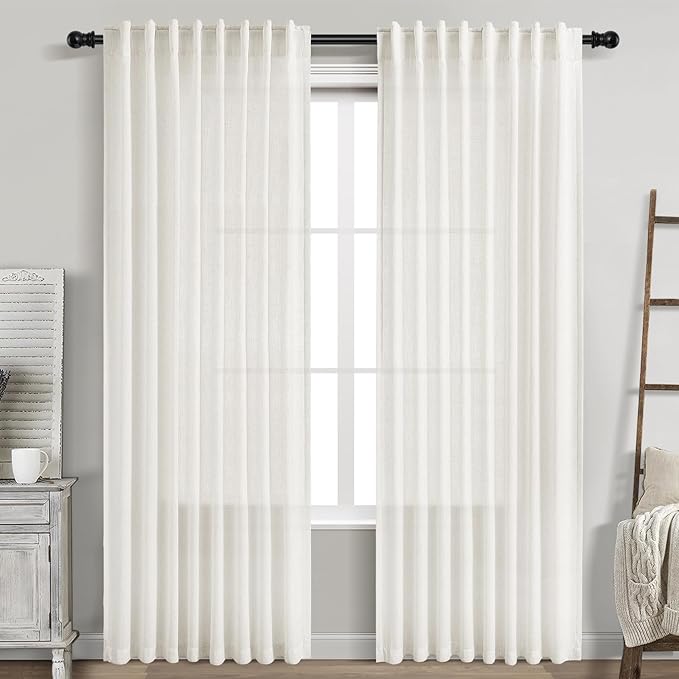 Nanspring Beige White Linen Curtains 84 Inch Length for Living Room Linen Blend Back Tab and Rod Pocket Semi Sheer Light Filtering Rustic Coastal Decor Curtains for Bedroom 60 x 84 Inch, 2 Panels