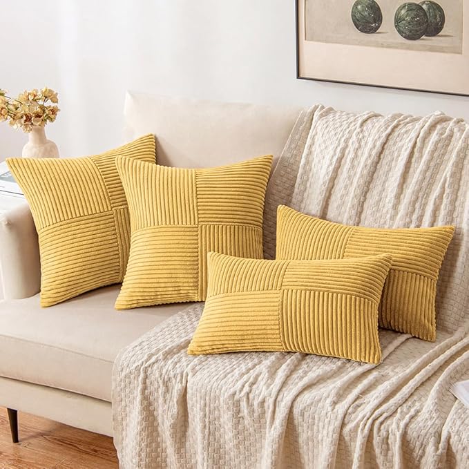 MIULEE Golden Mustard Decorative Throw Pillow Covers 16x16 Inch for Couch Bed Sofa Pack of 2 Boho Farmhouse Throw Pillows Soft Cross Corduroy Patchwork Textured Cushion Cases