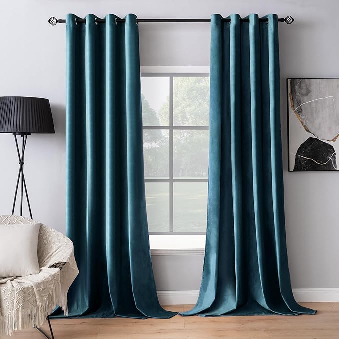 MIULEE Blue Velvet Curtains 90 Inches Length Blackout Curtains Thermal Insulated Soundproof Room Darkening Grommet Curtains/Drapes for Living Room Bedroom 52 x 90 Inch 2 Pcs Peacock Blue