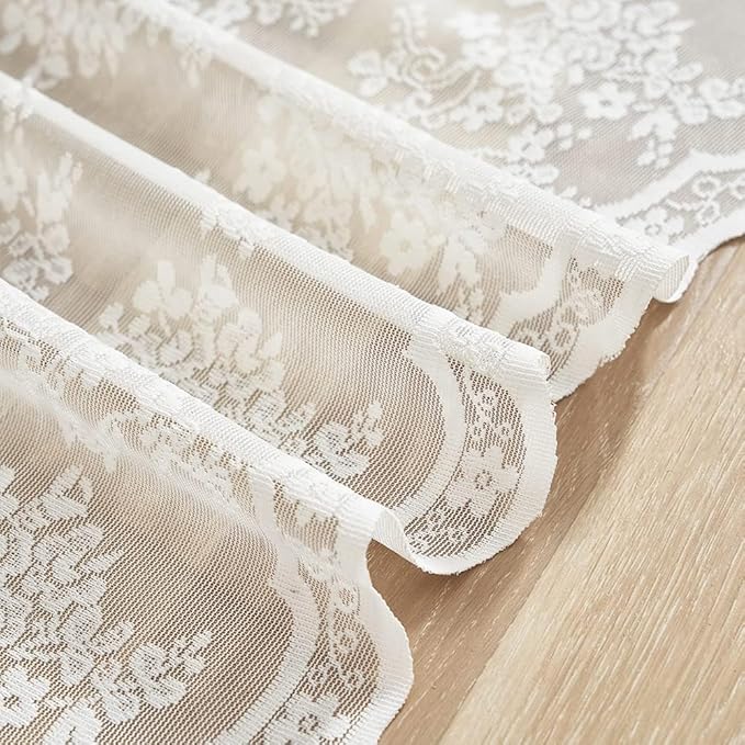 YJ YANJUN Vintage Lace Curtains 24 inch Length 2 Panels Retro Floral Rv Drapes for Camper Windows Cream Kitchen Window Curtains Over Sink Bistro Sheer Panels for Narrow Windows 26" x 24" Ivory