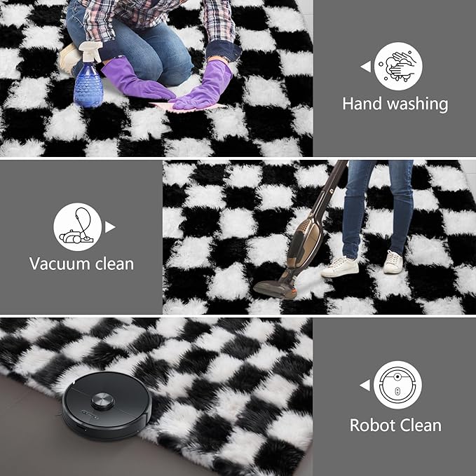 Large Area Rugs for Living Room Bedroom,9x12 Black and White Fluffy Soft Checkered Rug Fuzzy Shag Shaggy Carpet, Indoor Plush Floor Rugs for Kids Boys Girls Teen Dorm Nursery Home Decor