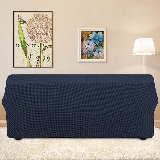 Easy-Going Stretch 4 Seater Sofa Slipcover 1-Piece Sofa Cover Furniture Protector Couch Soft with Elastic Bottom for Kids, Polyester Spandex Jacquard Fabric Small Checks Dark Blue