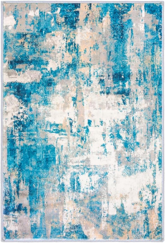 KOZYFLY Modern Abstract Runner Rug 2x6 Turquoise/Beige/Grey/Yellow Runners for Hallways Kitchen Rug Non Slip Washable Carpet Rug Runner Laundry Mat with Soft Low Pile for Entryway Bathroom Bedroom