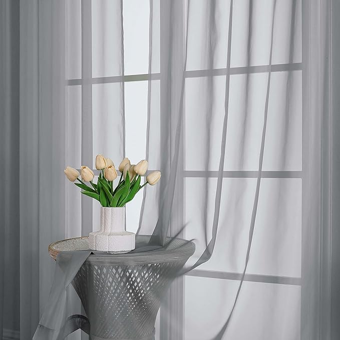 OWENIE Extra Long Grey Sheer Curtains 96 Inches Long 2 Panels Set, Soft Lightweight Airy Voile Sheer Curtain for Bedroom Living Room, Rod Pocket Solid Color Farmhouse Curtains, 59" Wx96 L Inch