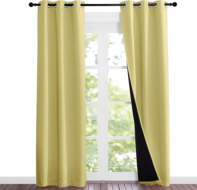 NICETOWN Paler Yellow Full Shade Curtain Panels, Pair of Thermal Insulated & Energy Efficiency Blackout Curtains for Living Room Windows, Lined Silky Performance Window Dressing (37" Wide x 84" Long)