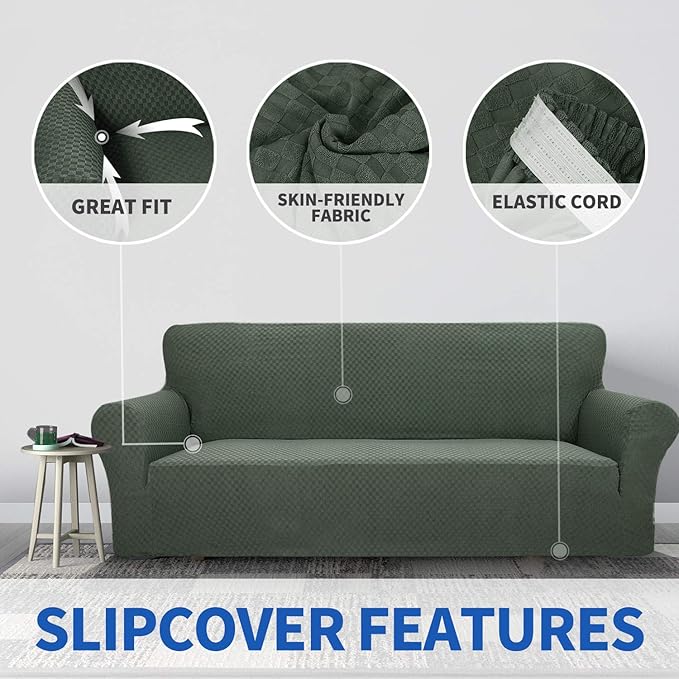 ZNSAYOTX 1 Piece Jacquard Couch Covers for 2 Cushion Couch High Stretch Loveseat Slipcover for Pets Dogs Anti Slip Love Seat Sofa Slipcover Furniture Protector (Loveseat, Army Green)