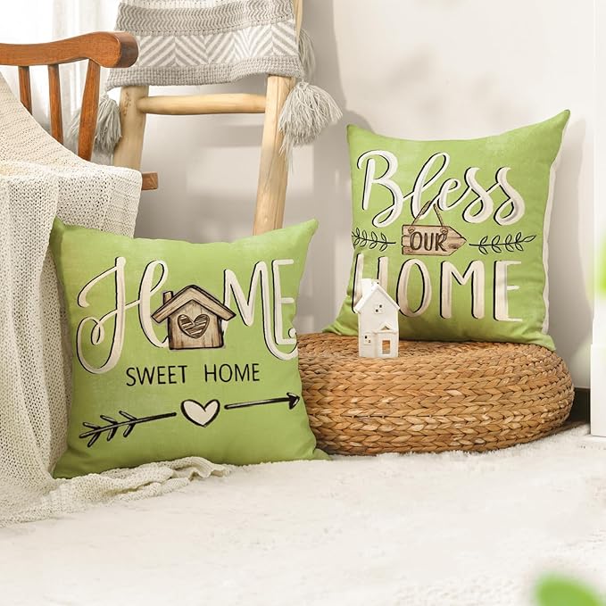 AVOIN colorlife Bless Our Home Eucalyptus Leaves Throw Pillow Covers, 18 x 18 Inch Spring Truck Cushion Case for Home Sofa Couch Set of 4