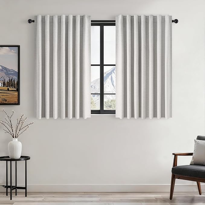 Topfinel Grey Beige 45 Inches Long Linen Blackout Curtains Tiers for Small Window 2 Panels Set Linen Short Drapes for Kitchen Bathroom Curtain Hook Belt Pleated Back Tab (W52 xL45)