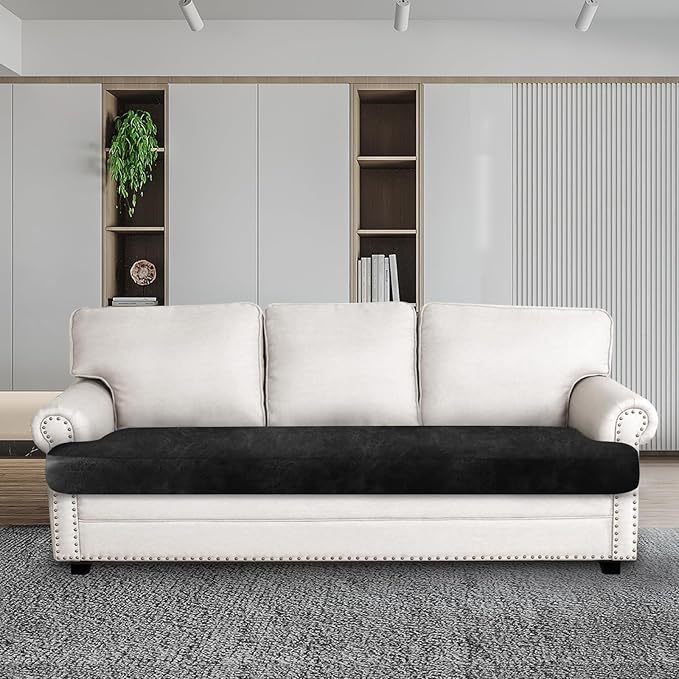 Leather Look Couch Cushion Covers Sofa Seat Slipcovers Sets Couches Furniture Protector for Sectional Armchair Loveseat Pets Kids Stretch Spandex Fabric (1 T-Cushion Sofa, Black)
