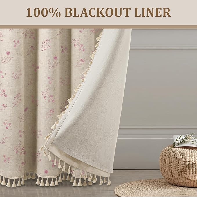 Boho Floral Spring 100% Blackout Curtains 84 Inch Length 2 Panels Set, Linen Texture Farmhouse Curtains with Beige Tassel for Living Room Bedroom, Vintage Rustic Rod Pocket,Pink