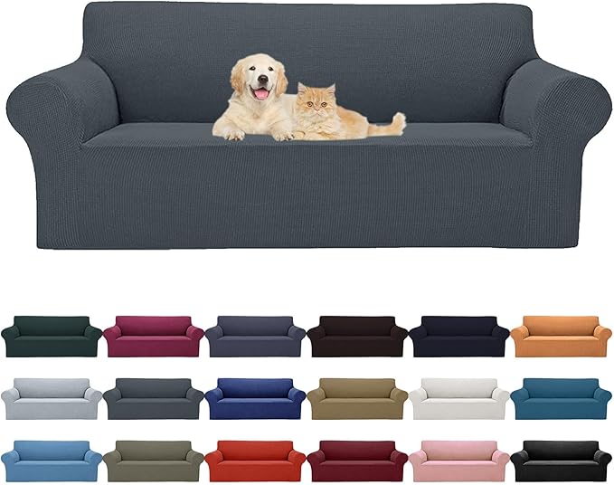 Cupuamon 2026 New Stretch Sofa Slipcovers Couch Cover for 3 Cushion Furniture Protector Sofa Covers with Elastic Bottom Jacquard Fabric Small Checks for Pets, Kids -Sofa, Grey