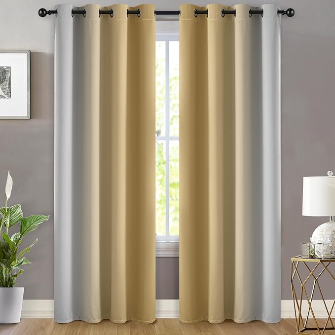 Yakamok Beige and Greyish White Ombre Curtains, Room Darkening Gradient Color Curtains for Bedroom, Light Blocking Thermal Insulated Window Drapes for Living Room(2 Panels, 52x84 Inch)