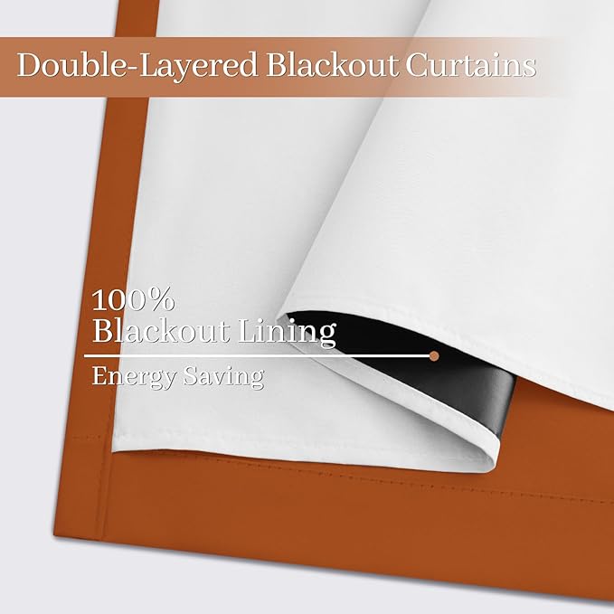 Yakamok Room Darkening 100% Blackout Curtains Grommet Window Treatments with 2 Thick Layers-Burnt Orange Thermal Insulated Drapes Set of 2 Panels for Bedroom Living Room 38 Inches by 84 Inches Length