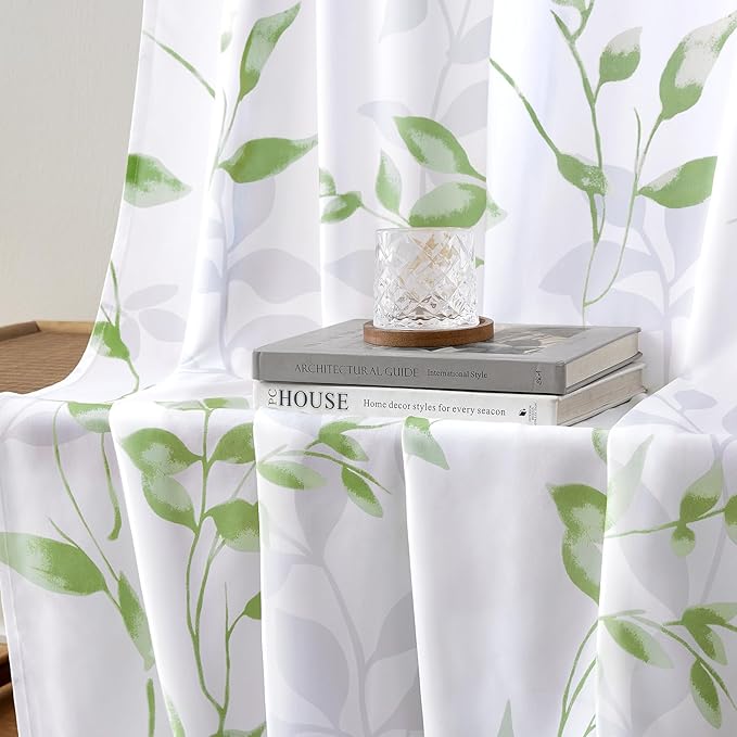 HOMEIDEAS Kitchen Curtains, Short Non-See-Through Privacy 30X36 Inch Length Tier Curtains, Green and White Leaf Floral Print Light Filtering Semi Sheer Small Window Drapes for Bathroom Cafe, 2 Panels