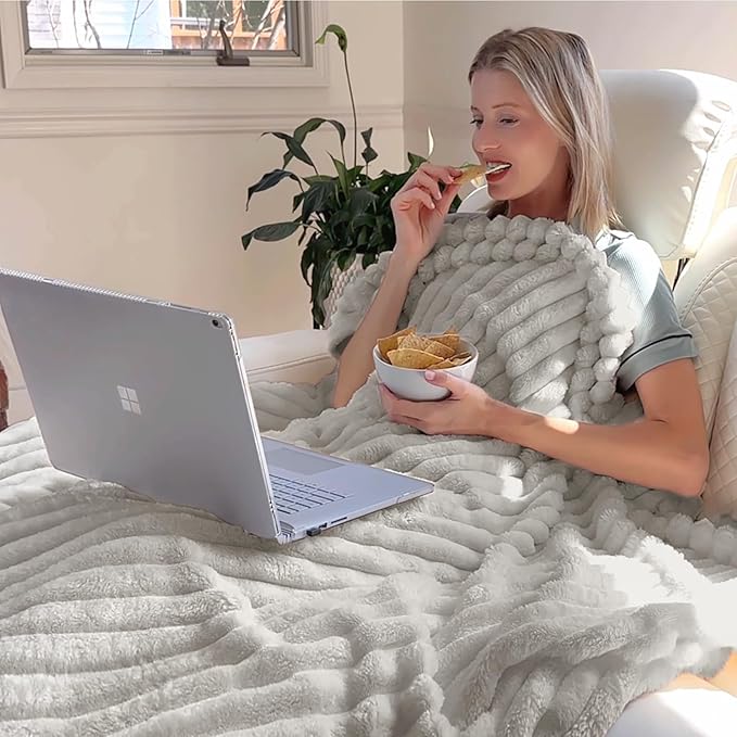 BEDELITE King Size Blanket for Bed, 300GSM Soft & Warm Fleece Blanket, Decorative and Giftable Striped Light Grey Blankets for Women, Men, 108"x90"