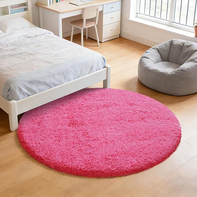yulidayang Fluffy Round Area Rugs for Bedroom,Hot Pink 3Ft Shag Circle Area Rugs for Living Room,Non Slip Fuzzy Plush Rug for Kids Room Boys Girls Room and Dorm