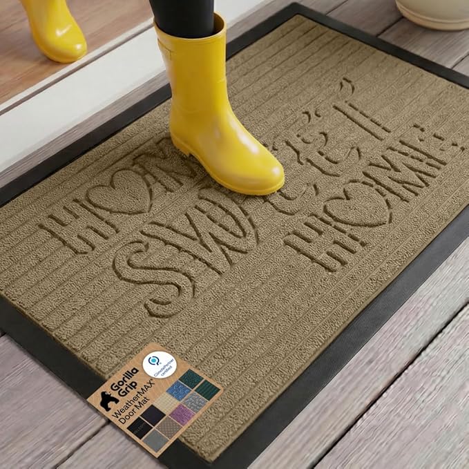 GORILLA GRIP 100% Waterproof All-Season WeatherMAX Doormat, US Designed Natural Rubber, Stain and Fade Resistant, Low Profile Indoor Outdoor Door Mats, Easy Clean Patio Mat, 29x17, Home Sweet Home