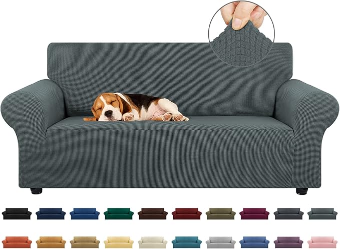 KEKUOU Stretch Loveseat Sofa Cover Slipcover,Couch Covers for 2 Cushion Couch Sofa (55"-78") Furniture Protector Sofa with Elastic Bottom for Kids,Dog. Jacquard Small Checked (Medium,Grey)