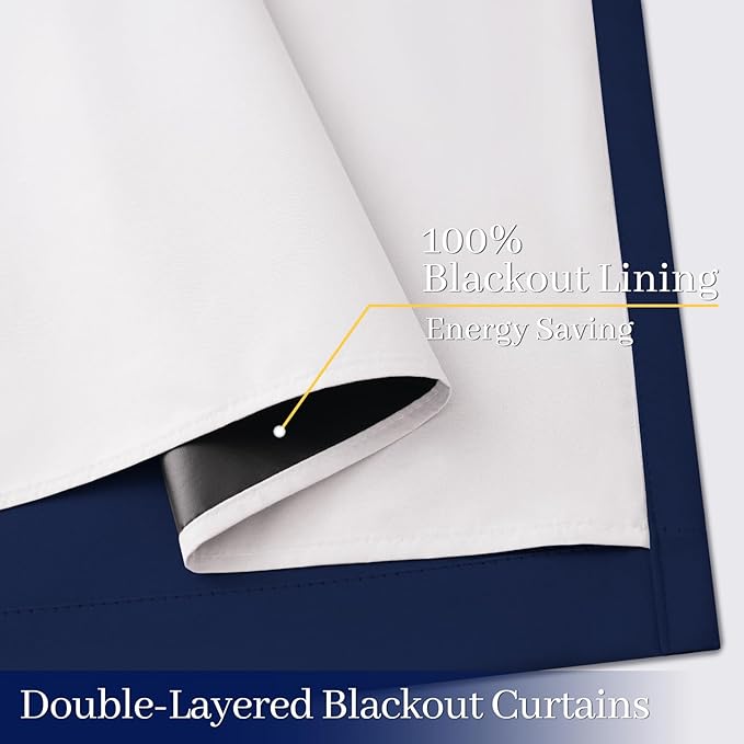 Yakamok 100% Blackout Curtain Panels 63 inches Cold and Light Blocking Drapes for Nursery, 2 Thick Layers Thermal Insulated Draperies (2 Pieces, 50 Wide Each Panel, Navy Blue/White Backing)