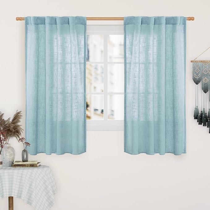 LAMIT Linen Curtains 48 Inch Length 2 Panels, Light Filtering Panels Back Tab and Rod Pocket Country Decor Drapes for Kitchen/Window/Loft Room/Bedroom, 34 x 48 Inch, Stone Blue