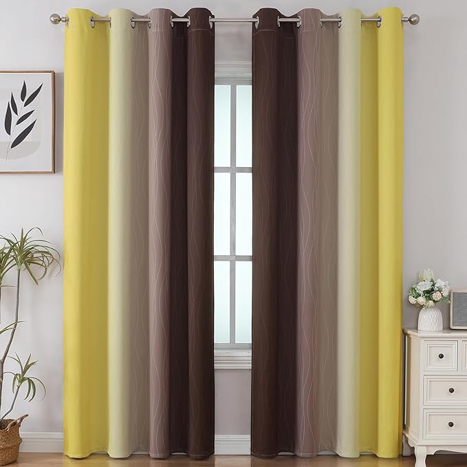 Estelar Textiler Brown and Yellow Gradient Blackout Curtains for Bedroom, Thermal Insulated Ombre Blackout Drapes, Full Light Blocking Energy Saving Curtains for Living Room, 52Wx96L, 2 Panels