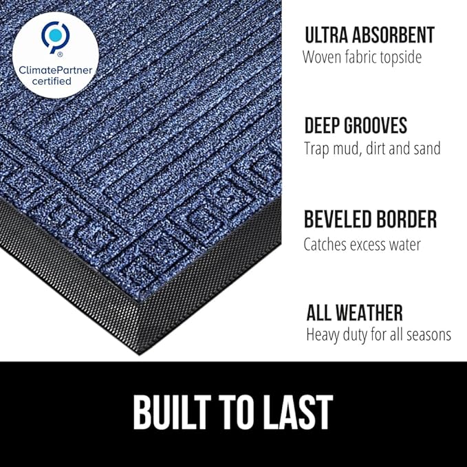 GORILLA GRIP 100% Waterproof All-Season WeatherMAX Doormat, US Designed Natural Rubber, Stain and Fade Resistant, Low Profile Indoor Outdoor Door Mats, Easy Clean Patio Mat, 29x17, Navy Greek Keys