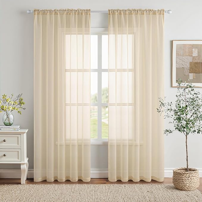 MIULEE 2 Panels Solid Color Sheer Window Curtains Elegant Window Voile Panels/Drapes/Treatment for Bedroom Living Room (54X90 Inches Cream)