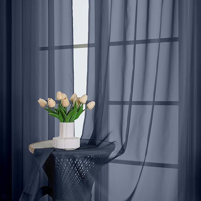 OWENIE Navy Blue Sheer Curtain 90 Inches Long 2 Panels Set, Solid Filmy Drapes for Living Room Bedroom, Elegant Window Voile Sheer Curtain Panels Drapes, 2 Pcs, Each 59" Wx90 L Inch
