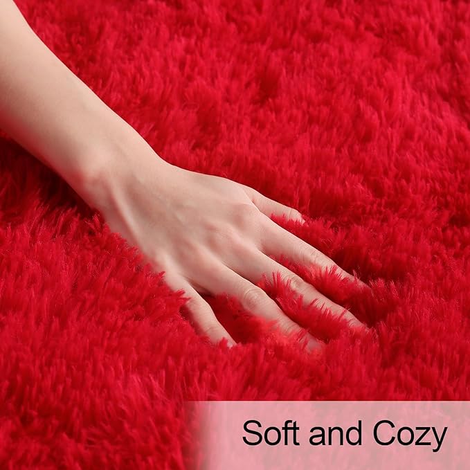 Amearea Shag Fluffy Area Rug for Bedroom Girls Living Room, Extra Soft and Fuzzy Shaggy Rugs, Non Slip, Solid Color Carpet Mat for Boys Nursery Home, Red 5x8 Feet