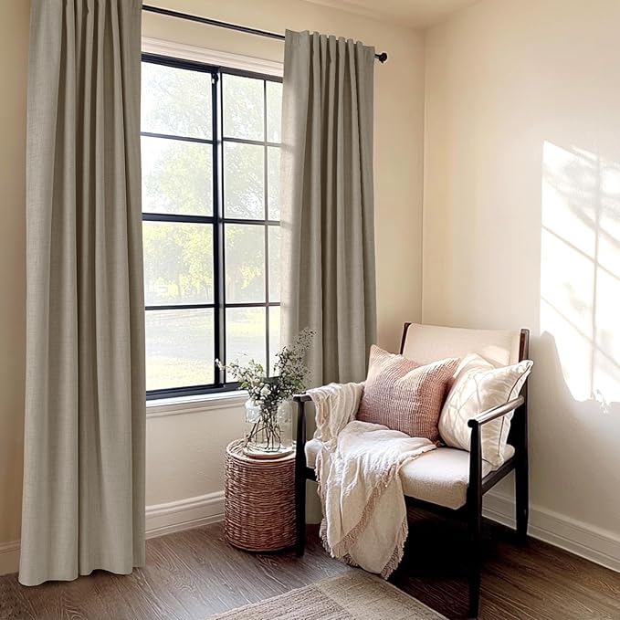 100% Blackout Shield Linen Blackout Curtains for Bedroom 108 Inches Long, Back Tab/Rod Pocket Living Room Drapes, Thermal Insulated Blackout Curtains 2 Panels Set, 50" W x 108" L, Faux Linen