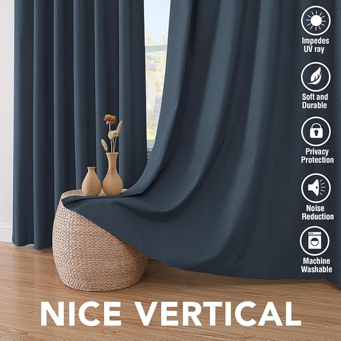 H.VERSAILTEX Linen Curtains 100% Blackout Curtains for Bedroom 90 inch Long Full Light Blocking Nature Linen Blended Window Curtains for Living Room Nickel Grommet (2 Panels, Navy)