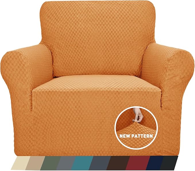 ZNSAYOTX 1 Piece Jacquard Chair Slipcovers for Living Room High Stretch Chair Covers with Arms Anti Slip Pets Friendly Couch Sofa Armchair Cover Furniture Protector (Small, Orange)