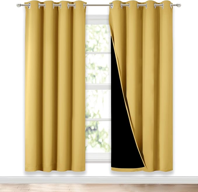 NICETOWN Bright Yellow Full Shade Curtain Panels, Pair of Energy Smart & Noise Blocking Out Blackout Drapes for Dining Room Window, Thermal Insulated Guest Room Lined Window Dressing, 52 x 72 inch