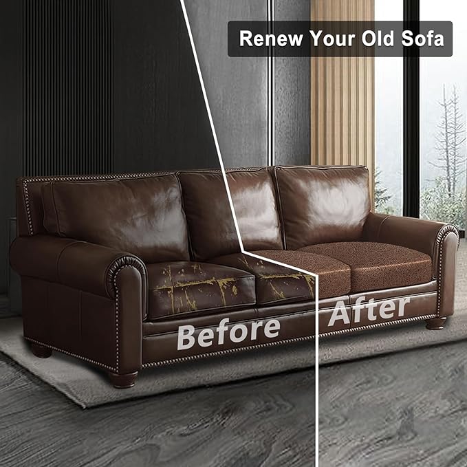 Leather Look Couch Cushion Covers Sofa Seat Slipcovers Sets Couches Furniture Protector for Sectional Armchair Loveseat Pets Kids Stretch Spandex Fabric (3 Cushion Sofa, Brown)