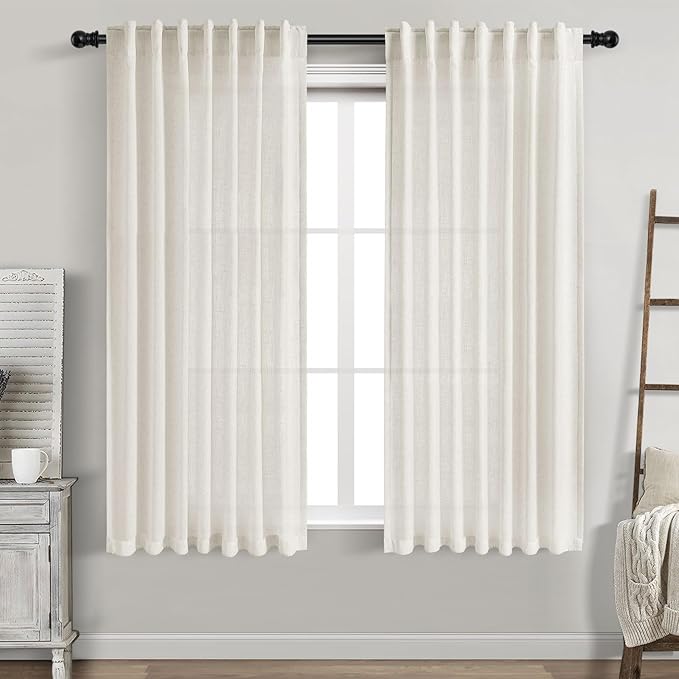 Cream Linen Back Tab Pocket Curtains 60 Inch Length for Living Room 2 Panel Set Neutral Modern Farmhouse Window Curtain Semi Sheer Light Filtering Privacy Drapes for Bedroom Natural Ivory 52x60