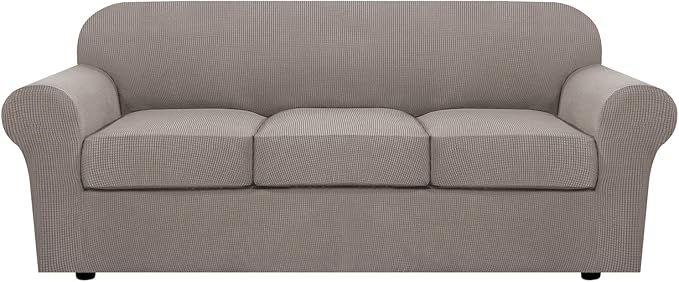H.VERSAILTEX 4 Piece Stretch Sofa Covers for 3 Cushion Couch Covers for Living Room Furniture Slipcovers (Base Cover Plus 3 Seat Cushion Covers) Upgraded Thicker Jacquard Fabric (Sofa, Taupe)