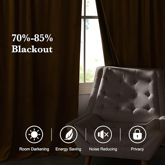RYB HOME Luxurious Bronze Velvet Curtain Panels for Living Room Bedroom, Heavy Duty Thermal Insulated Floor-Length Velvet Drapes with Hook Belt for Vintage Decor, 52" W x L90 L, 2 Panels Set