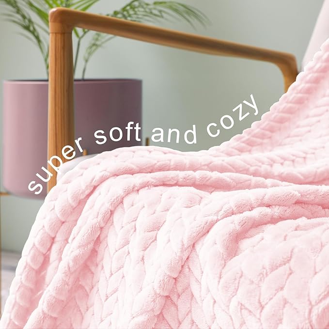 Exclusivo Mezcla Fleece Throw Blanket for Couch and Bed, 50x70 Inches Soft Cozy Jacquard Flannel Blankets, Lightweight Fuzzy Plush Warm Throws for Women, Light Pink
