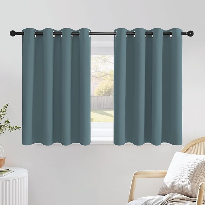 NICETOWN Blackout Greyish Blue Kitchen Curtains, Grommet Thermal Insulated Solid Vertical Drapes Room Darkening for Cafe, 2 Panels, W52 x L36