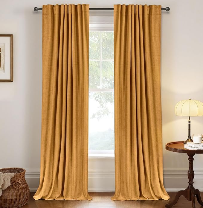 100% Blackout Shield Linen Blackout Curtains for Bedroom 102 Inches Long,Back Tab/Rod Pocket Living Room Drapes,Thermal Insulated Textured Blackout Curtains 2 Panels Set,50" W x 102" L,Mustard Yellow