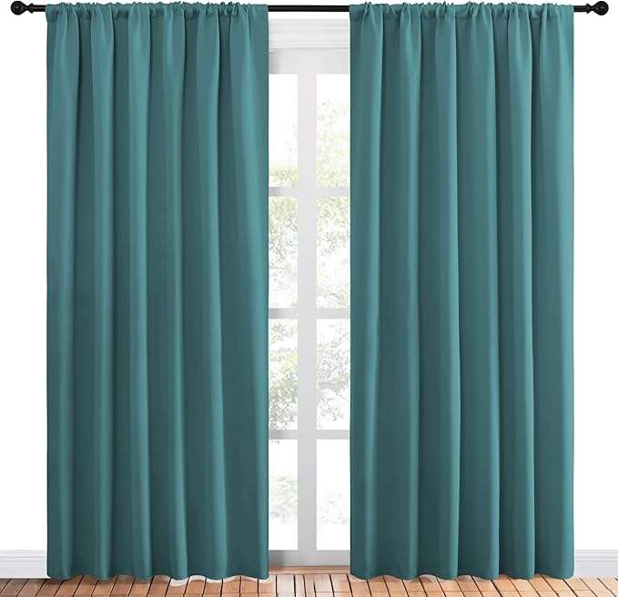 NICETOWN Living Room Curtains, Window Curtain Panels, Thermal Insulated Solid Rod Pocket Blackout Draperies/Drapes (Sea Teal, One Pair, 70 by 84-inch)