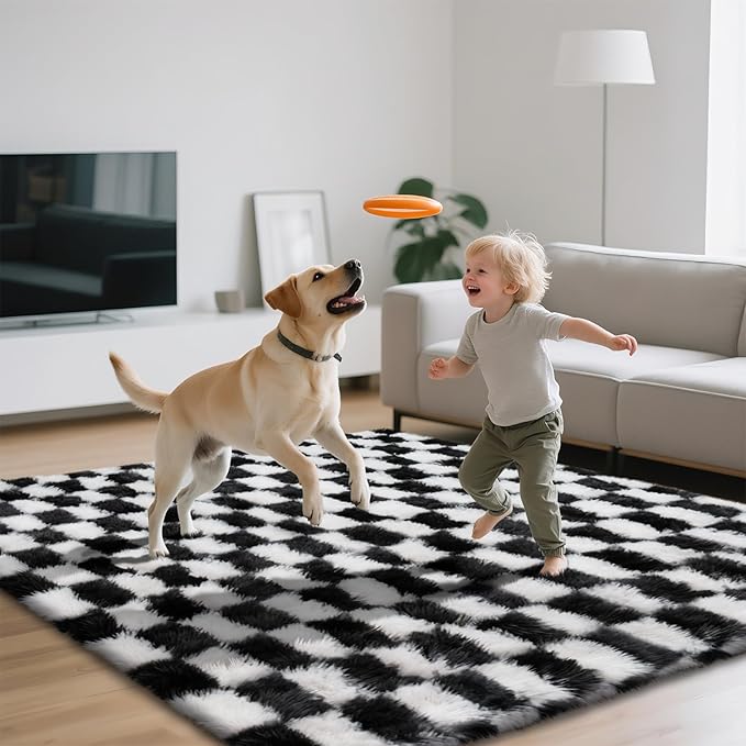 Checkered Area Rugs for Bedroom Living Room,4x6 Black and White Fluffy Soft Checkered Rug Fuzzy Shag Shaggy Carpet, Indoor Plush Floor Rugs for Kids Boys Girls Teen Dorm Nursery Home Decor