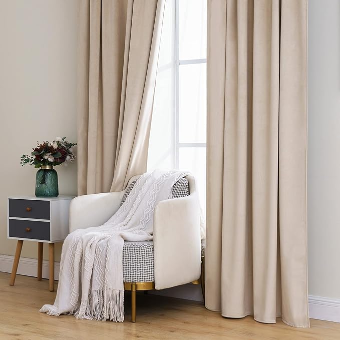 MIULEE Velvet Curtains 90 inches 2 Panels - Luxury Blackout Curtains for Bedroom Living Room Thermal Insulated Super Soft Window Drapes Rod Pocket & Back Tab, Camel Beige, W52 x L90 inch