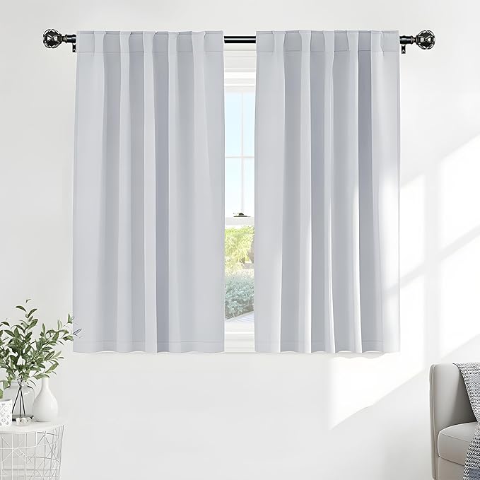 PONY DANCE 60% Light Filtering White Curtain Panels, Kitchen Curtains Room Darkening Energy Saving Short Drapes with Back Tab for Bedroom Home Decor, 52 in Wide by 54 Long, Greyish White, 2 Pieces