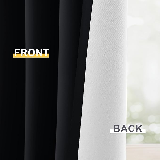 Yakamok 100% Blackout Curtain Panels 96 inches Cold and Light Blocking Drapes for Nursery, 2 Thick Layers Thermal Insulated Draperies (2 Pieces, 50 Wide Each Panel, Black Front with White Backing)
