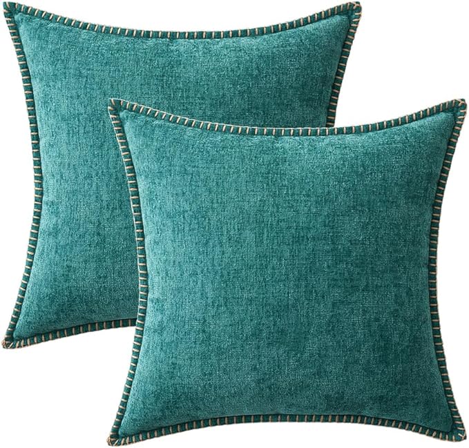 MIULEE Pack of 2 Couch Throw Pillow Covers 18x18 Inch Teal Farmhouse Decorative Pillow Covers with Stitched Edge Soft Chenille Solid Dyed Spring Pillow Covers for Sofa Bed Living Room