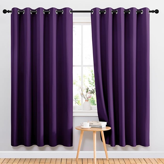 NICETOWN Bedroom Curtains Blackout Drapery Panels, 2 Panels, 70 x 72 inches, Royal Purple, Three Pass Microfiber Thermal Insulated Solid Ring Top Blackout Window Curtains/Drapes