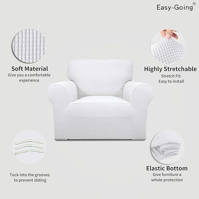 Easy-Going Stretch Chair Sofa Slipcover 1-Piece Couch Sofa Cover Furniture Protector Soft with Elastic Bottom for Kids, Pet. Spandex Jacquard Fabric Small Checks (Chair, Snow White)