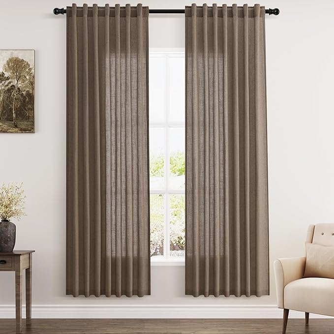 Nanspring Light Brown Semi Sheer Linen Curtains 72 Inch Length for Living Room Back Tab Rod Pocket Modern Farmhouse Coastal Decor Cotton Textured Gauze Curtains 72 Inches Long for Dining Room Office