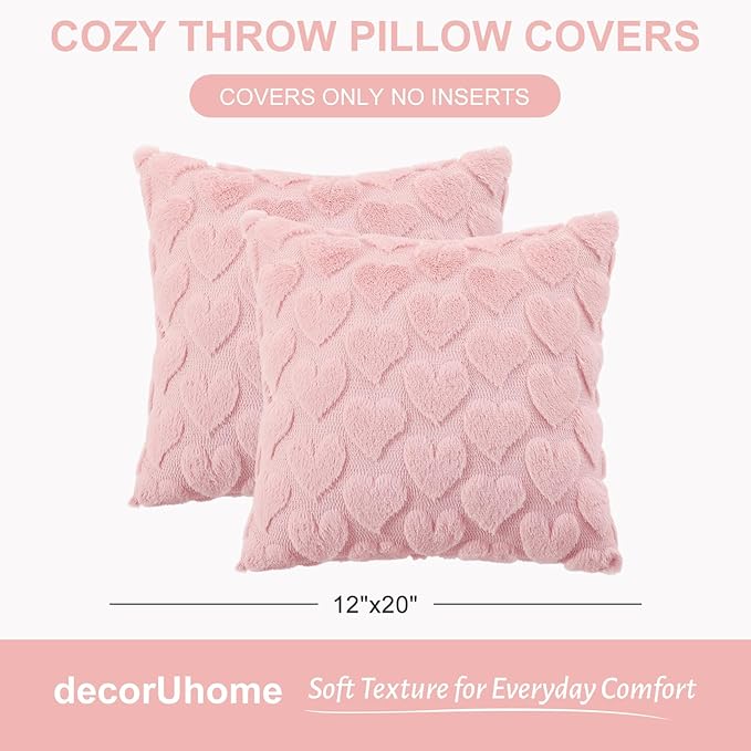 decorUhome Valentine’s Day Soft Plush Throw Pillow Covers 18x18 Inch Set of 2, Faux Fur Pink Heart Decoration Neutral Square Pillow Covers for Couch Sofa Bed Cozy Farmhouse Holiday Decor